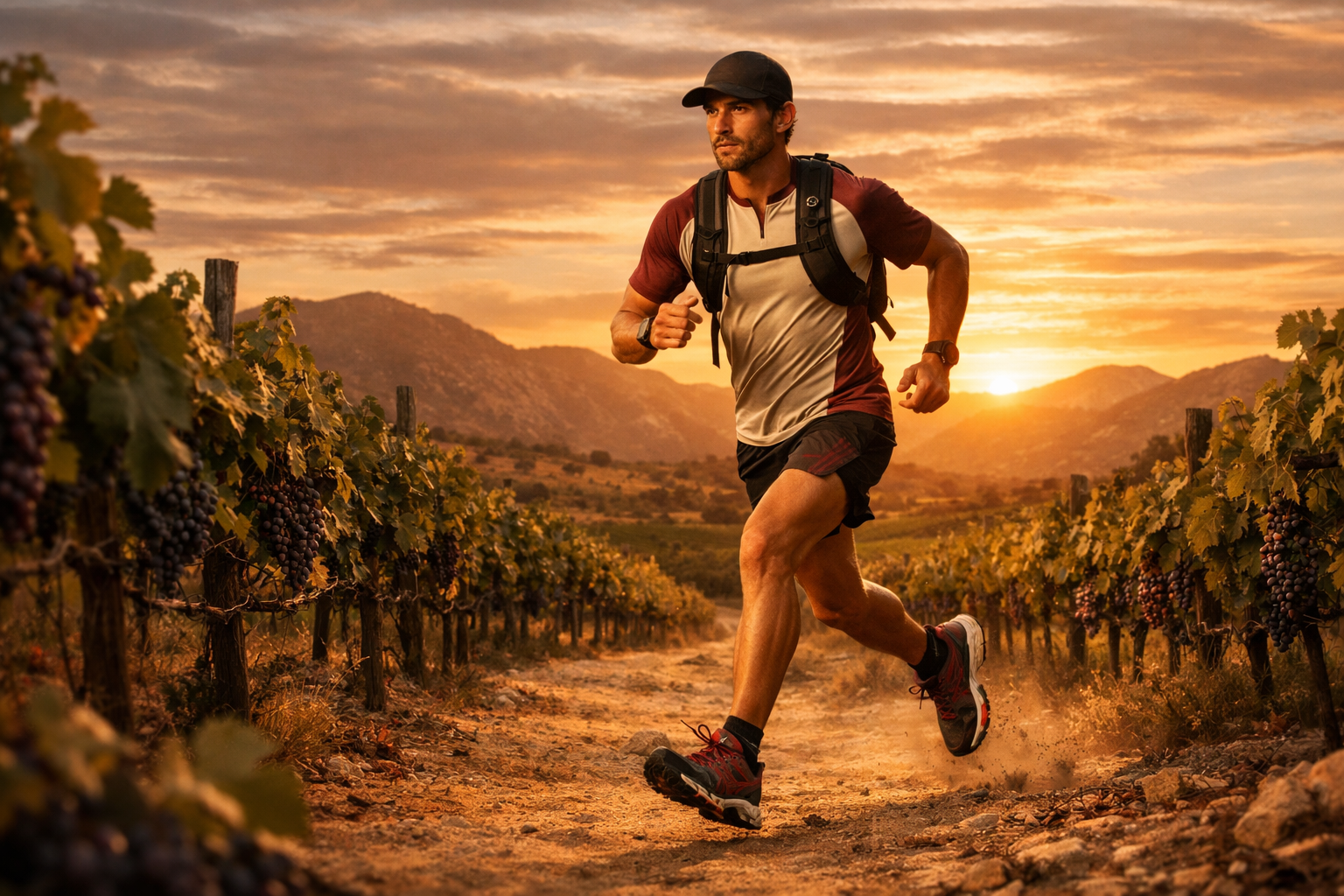 Trail Runner in Wine Country at Sunset