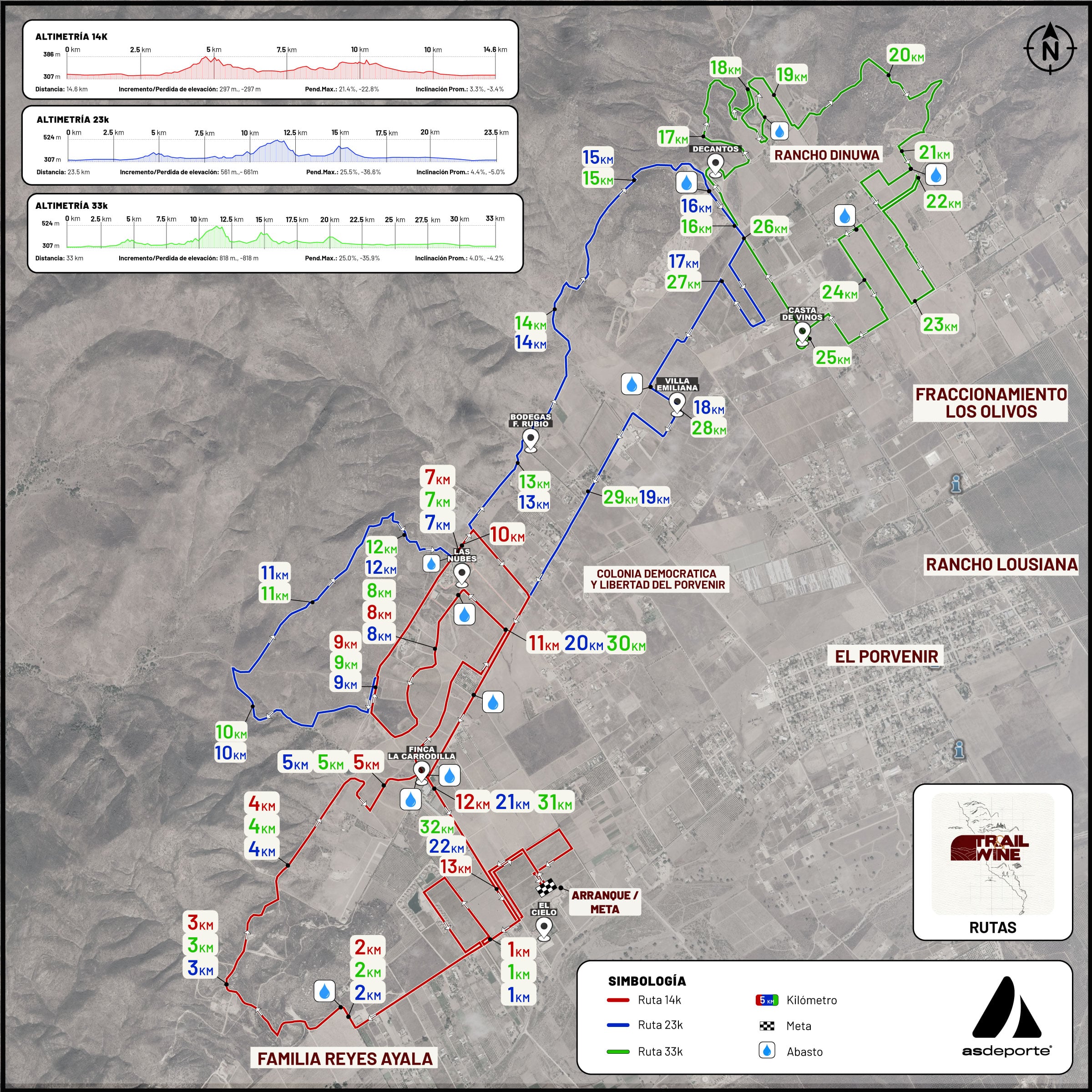 Mapa con las tres rutas de Trail & Wine en Valle de Guadalupe
