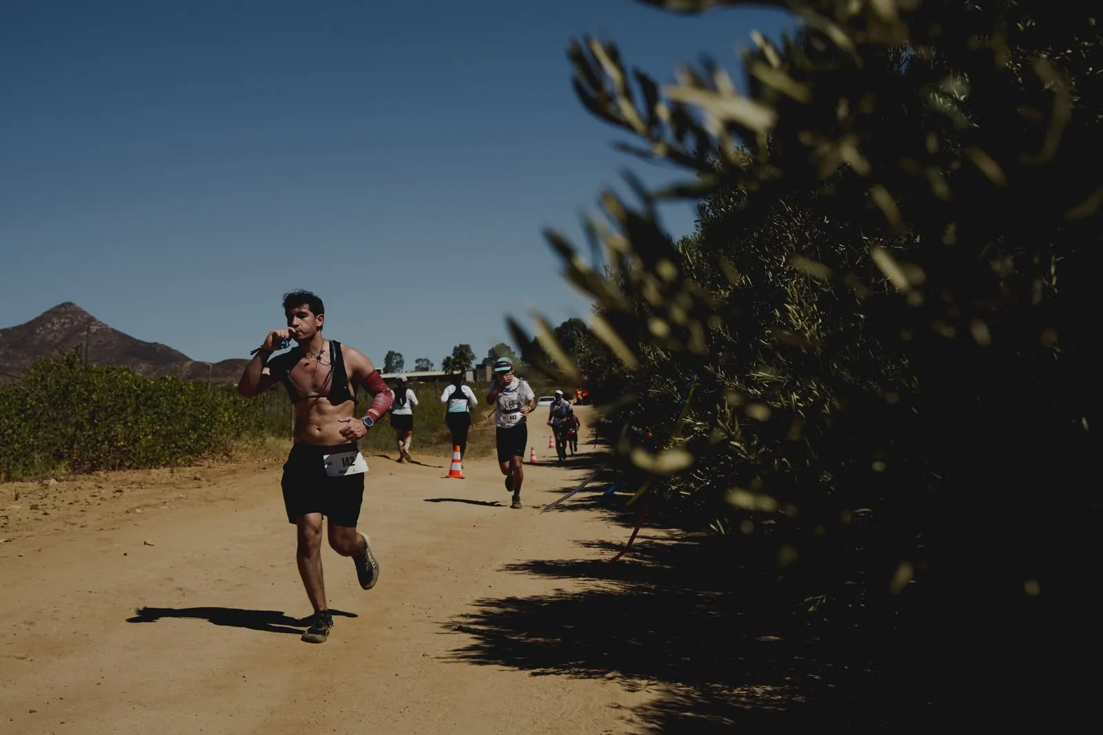 A runner catching his breath on course, cones marking the trail.